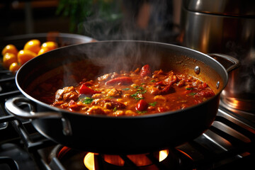 Goulash soup, stew of meat and vegetables cooking in the pot on the stove