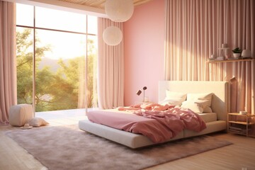 Sunlit modern bedroom with cozy bed adorned with pink accents. Generative AI