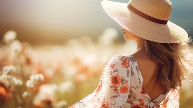  a woman wearing a hat standing in a field of flowers.  generative ai