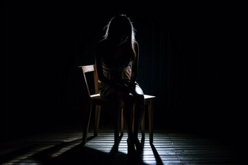 The depression woman sit on the chair on dark background, sad asian woman silhouette in dark, dark light photography - obrazy, fototapety, plakaty