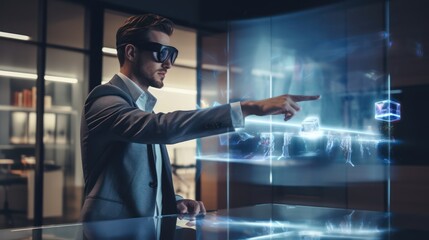 augmented reality and technology concept - creative man with virtual headset or vr glasses and earth globe hologram at night office - obrazy, fototapety, plakaty
