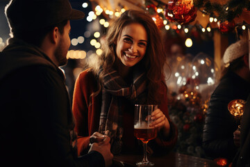 Young happy couple walking through Christmas market with hot drinks, enjoying, wearing warm clothes, looking at each other and laughing.