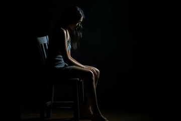 Obraz na płótnie Canvas The depression woman sit on the chair on dark background, sad asian woman silhouette in dark, dark light photography