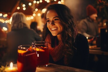 Young beautiful woman drinking mulled wine at the Christmas market. In the background the lights of...