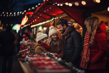 Fototapeta premium A family with children buys sweets at the traditional German Christmas market in the evening.