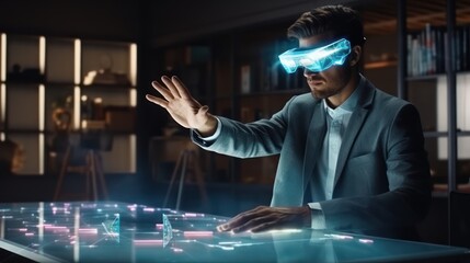 augmented reality and technology concept - creative man with virtual headset or vr glasses and earth globe hologram at night office - obrazy, fototapety, plakaty