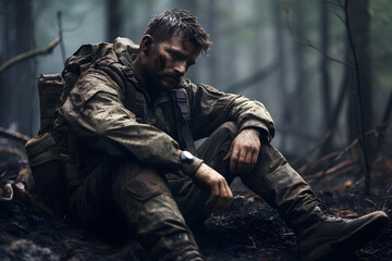 Fototapeta premium dirty tired soldier sitting in deep forest at autumn evening. Neural network generated image. Not based on any actual person or scene.