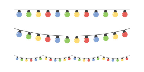 Set of seamless festive colorful Christmas string light border. Flat vector illustration.	 - obrazy, fototapety, plakaty