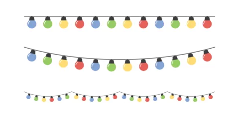 Tuinposter Set of seamless festive colorful Christmas string light border. Flat vector illustration.  © K Ching Ching