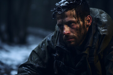 Obraz premium dirty tired soldier sitting in deep forest at winter night. Neural network generated image. Not based on any actual person or scene.