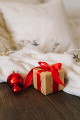 Christmas composition. Christmas golden balls and decorations. Christmas holiday celebration. New Year concept. Place for text