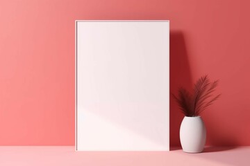 The layout of the poster is white on a pink background, minimalism, Front view, Mock up