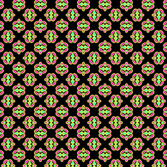 Oriental style Abstract geometric fabric pattern Vivid yellow green magenta geometric shapes on a black background