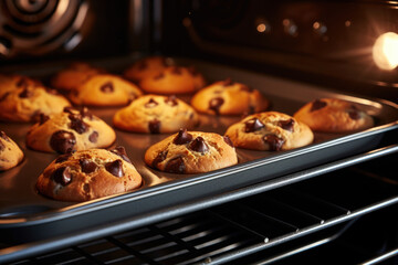Chocolate chip muffins baking in the oven close up - Powered by Adobe