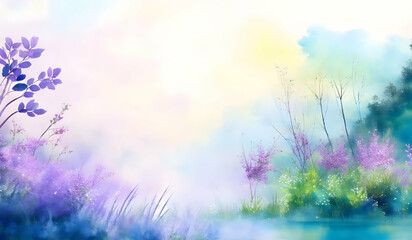 Fototapeta na wymiar Watercolor spring landscape with trees, grass and flowers. Digital art painting.