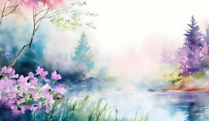 Watercolor spring landscape with trees, grass and flowers. Digital art painting.