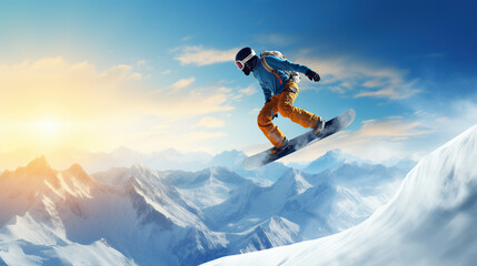 Naklejka na ściany i meble Snowboarding in the Mountains On a Sunny Day