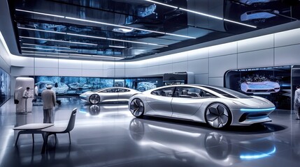 Modern automobile showroom with many modern cars 
