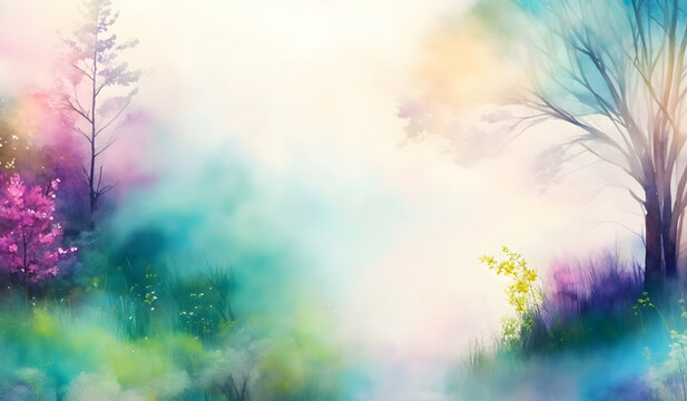 Watercolor spring landscape with trees, grass and flowers. Digital art painting. © anamulhaqueanik