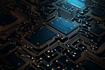 Background with 3D metallic circuit board machine elements. Generative AI