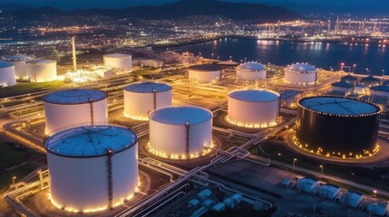 Oil refinery plant from industry zone, Aerial view oil and gas petrochemical industrial, Refinery factory oil storage tank and pipeline steel at night, Ecosystem and healthy environment concepts. - obrazy, fototapety, plakaty