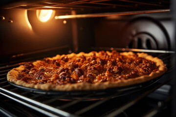Delicious pecan nut pie baking in oven close up