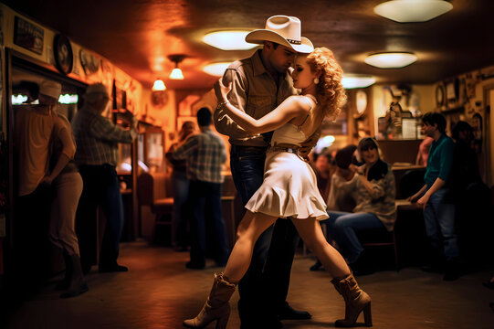 young couple enthusiasticlly dancing in country bar