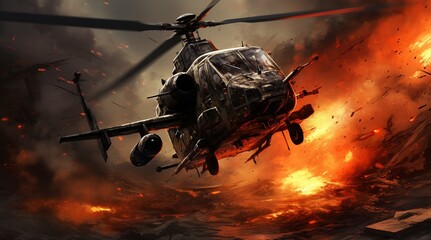 Helicóptero de combate volando en un escenario de guerra - obrazy, fototapety, plakaty