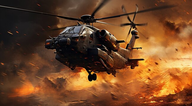 Helic&oacute;ptero de combate volando en un escenario de guerra
