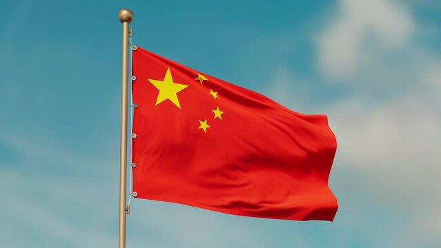 Flag of China, looped and seamless. Fabric texture, realistic wind, bottom view. Close-up.