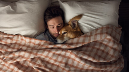 copy space, stockphoto, topview, cut dog sleeping in bed with the owner. Man sleeping with his dog. Animal love. Cut pet dog sleeping in bed together with his owner. Love and affection between a dog a