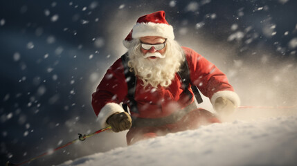 Naklejka na ściany i meble Santa Claus close-up is skiing on snow representing winter or christmas ski holidays