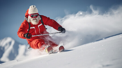 Santa Claus close-up is skiing on snow representing winter or christmas ski holidays - obrazy, fototapety, plakaty