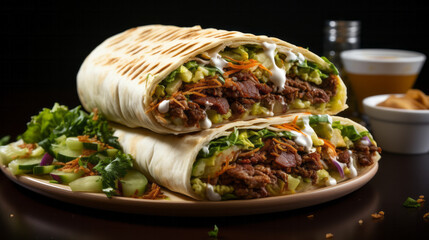 Shawarma lavash roll with grilled meat and vegetables sandwich - obrazy, fototapety, plakaty