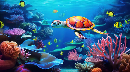 Fototapeta na wymiar Vibrant Underwater Life: Sea Turtle, Colorful Fish, and Coral in the Ocean - An SEO Perspective