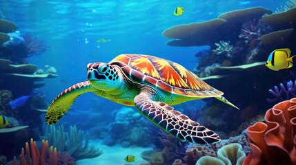 Naklejka na ściany i meble Vibrant Underwater Life: Sea Turtle, Colorful Fish, and Coral in the Ocean - An SEO Perspective