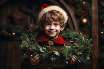elf holding a beautifully crafted Christmas wreath, exuding the joy of holiday decoration. Photo