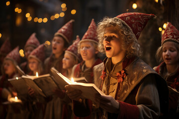Photograph a choir of elves singing traditional Christmas carols, exuding the harmony and melodious charm of the season. Photo