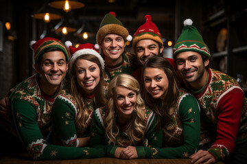 group of elves donning festive and humorous holiday sweaters, bringing a lighthearted touch to the season. Photo