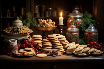 Fototapeta premium Photograph a table full of an array of cookies that Santa has received from different households, highlighting the diversity of traditions. Photo