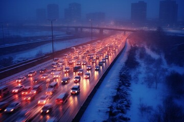 Traffic jam on highway during snow storm at dusk