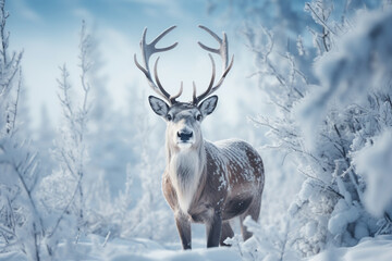 majestic photo of a reindeer in a snow-covered landscape, emphasizing the beauty of nature during the holiday season. Photo