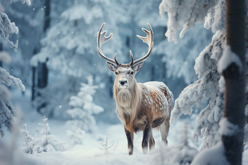 Naklejka na ściany i meble reindeer standing in a serene winter forest, portraying the peaceful and natural side of the holiday season. Photo