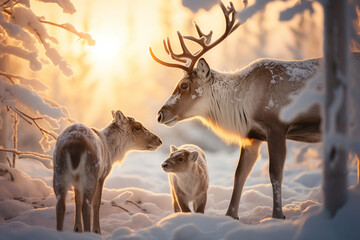 heartwarming moment of a reindeer family together, symbolizing unity and love during Christmas. Photo