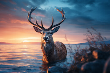 Photograph a reindeer against a beautiful twilight sky, creating a magical and atmospheric image. Photo