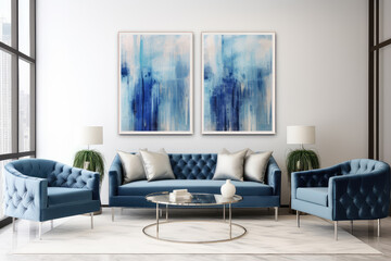 Hollywood-style interior featuring a blue sofa, chic armchairs, and artistic decor. This contemporary living space offers a cozy and fashionable retreat that combines elegance with modern design.