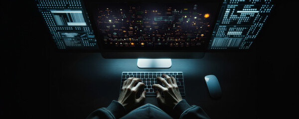 A hacker in front of a computer performing a cyber attack. Network security. Cyber security concept. Data breach. Malware attack and zero day exploit. Cyber awareness training. Cyber espionage. DDOS. - obrazy, fototapety, plakaty