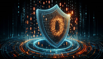 A digital shield made from ones and zeroes. A burning hole in a shield. Cyber attack. Breach of defenses. Data breach. Hackers attack. Firewall breached.