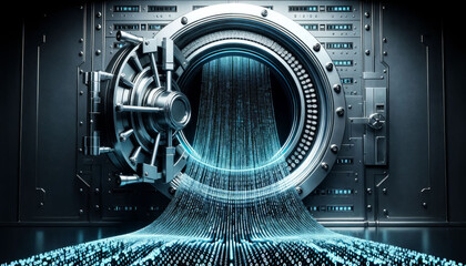 A data breach. Digital data streaming out of a vault. Cybersecurity concept. Hacking and cracking. Data security. Cyber warfare. Digital espionage.