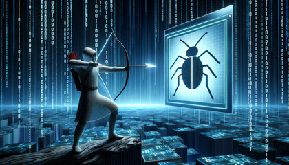 A digital archer aiming at a bug. Bug fix. Coding. Software development. Debugging, QA and code management.